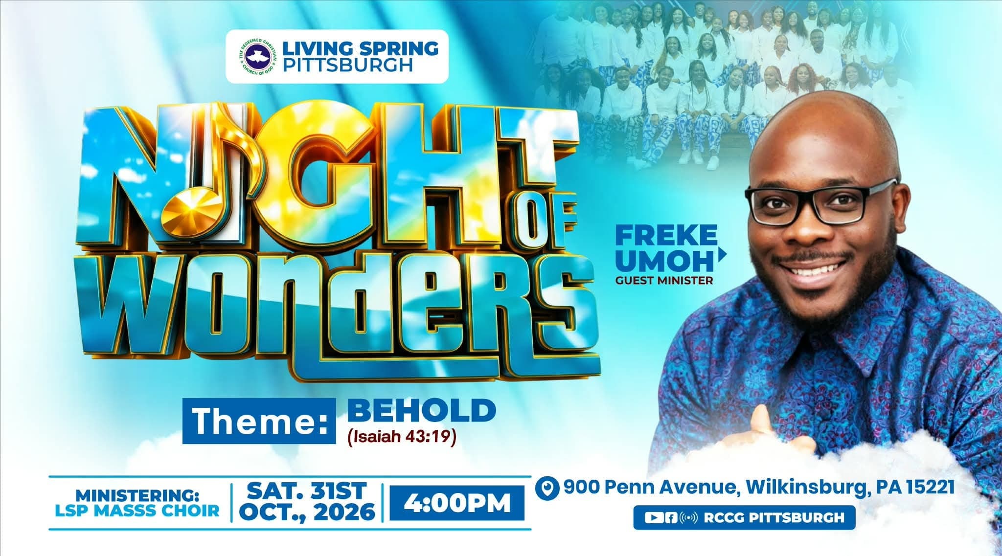Night of Wonders 2026 flyer featuring the theme Behold, guest minister Freke Umoh, and LSP Mass Choir